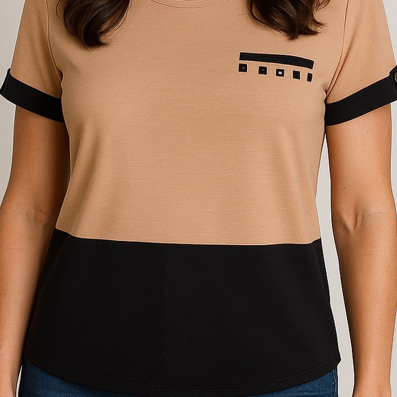 Lumière’ Tan & Black Sheer Hem Short Sleeve Blouse Size L with Studded Pocket - Picture 4 of 12